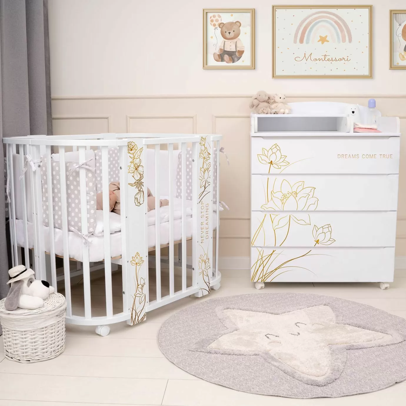 Кровать детская "Indigo "Green Line" 5 в 1 с поперечным маятником цветы