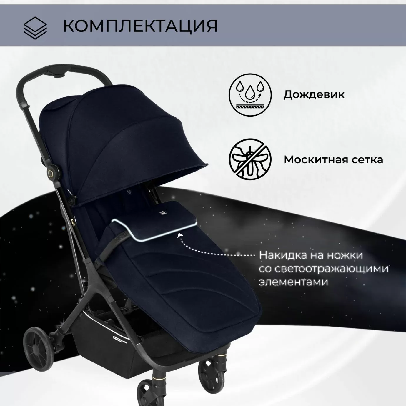 Прогулочная коляска Aura Dark Blue