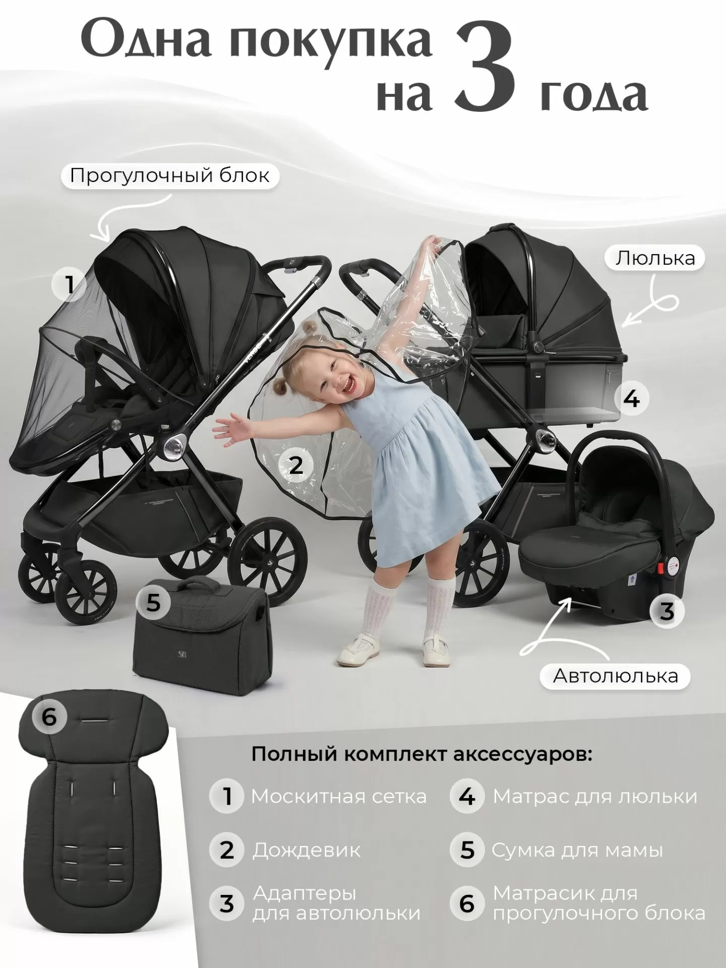 Коляска 3 в 1 Sweet Baby Verde Dark Grey