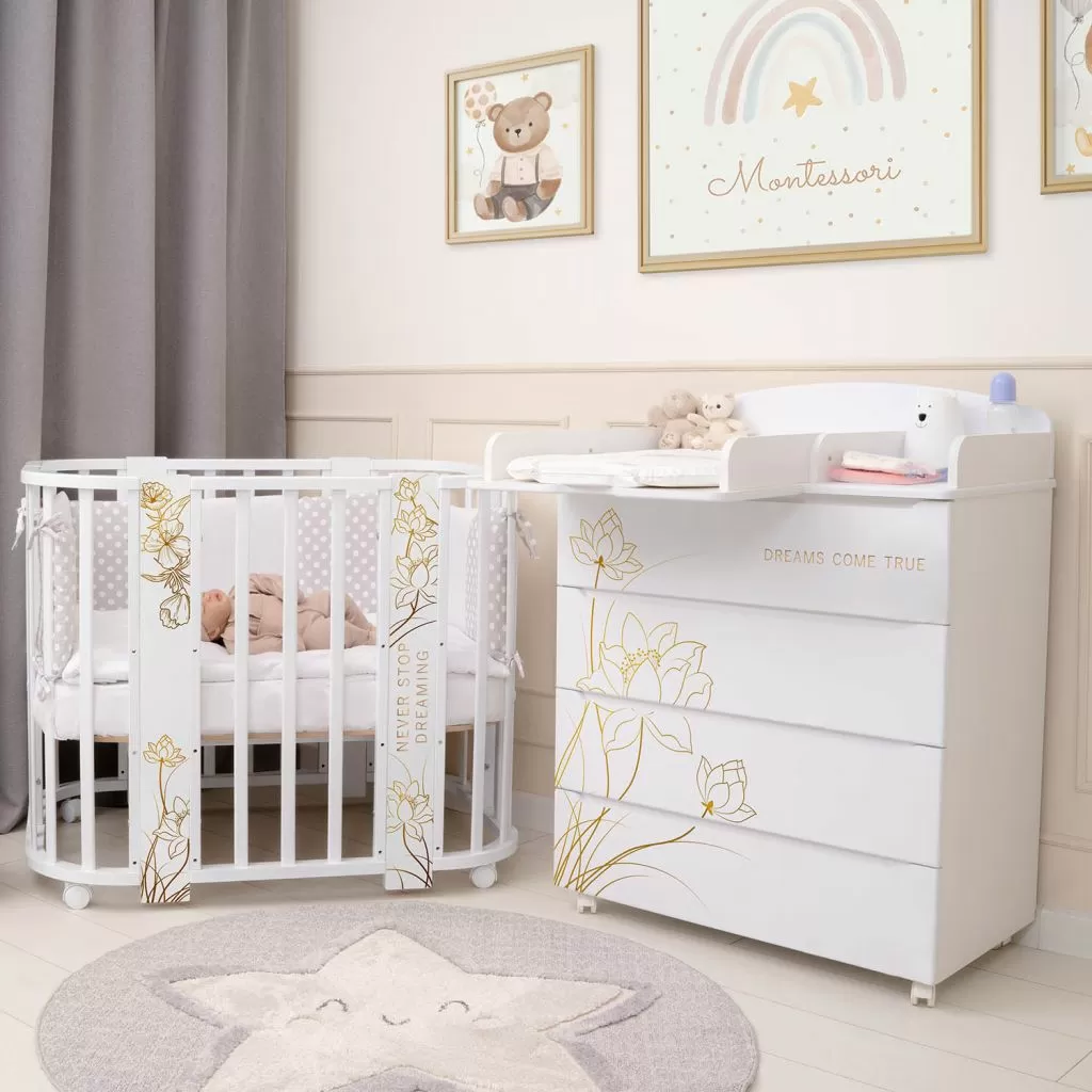 Кровать детская "Indigo "Green Line" 5 в 1 с поперечным маятником цветы