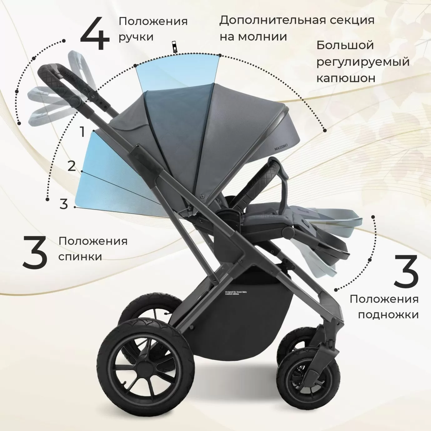 Коляска Sweet Baby Ricci Grey (надувные колеса)