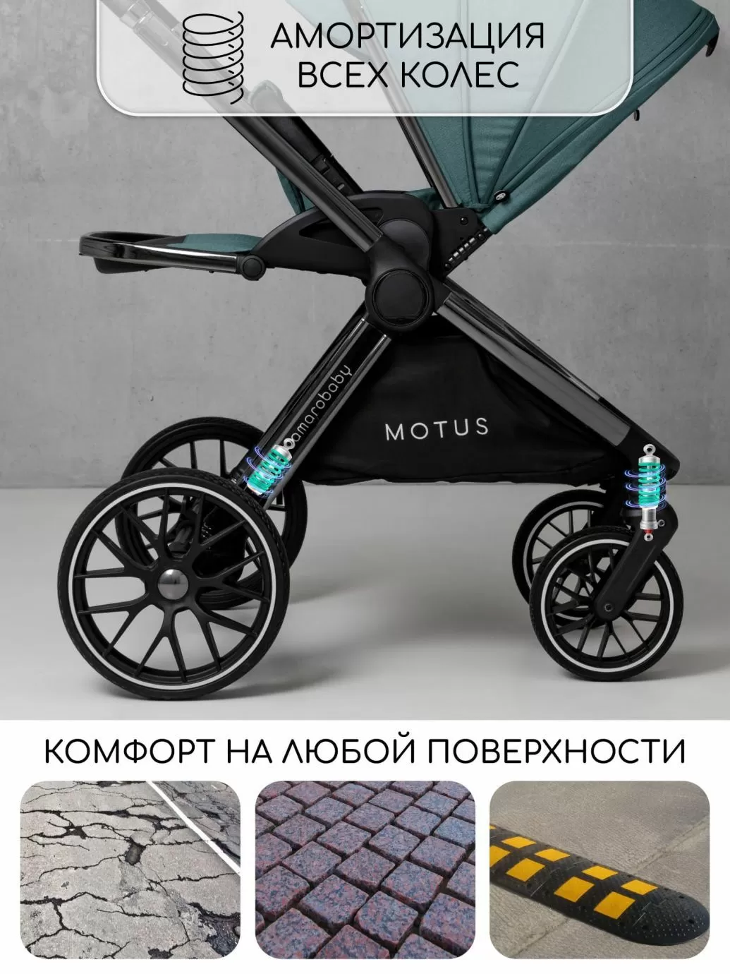 Коляска детская 2 в 1 Amarobaby Motus, бирюзовый