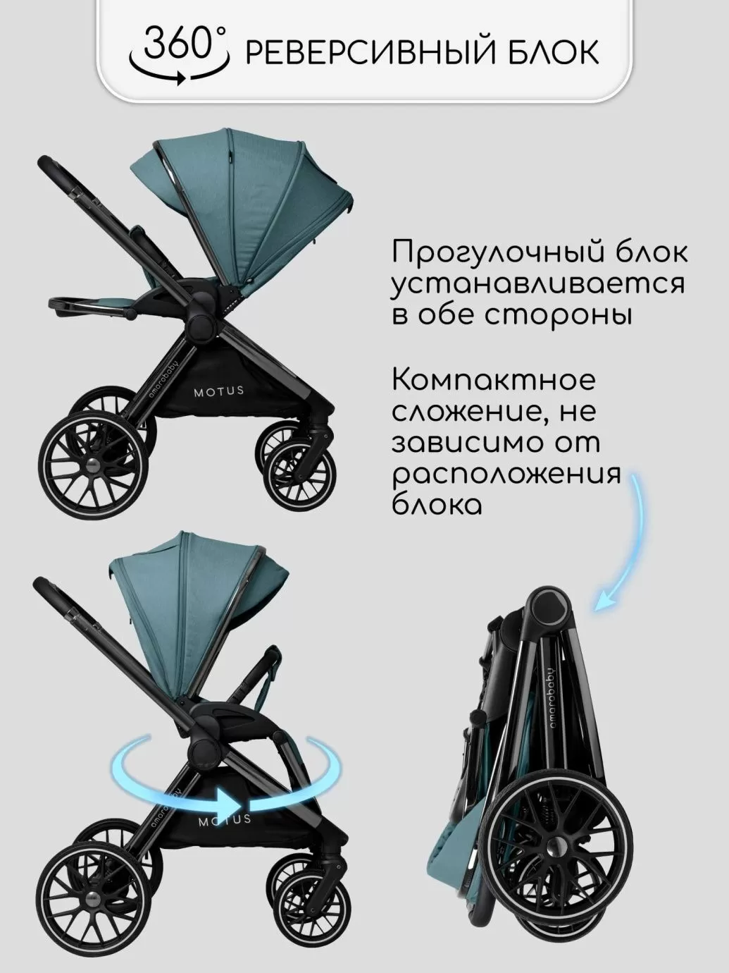 Коляска детская 2 в 1 Amarobaby Motus, бирюзовый