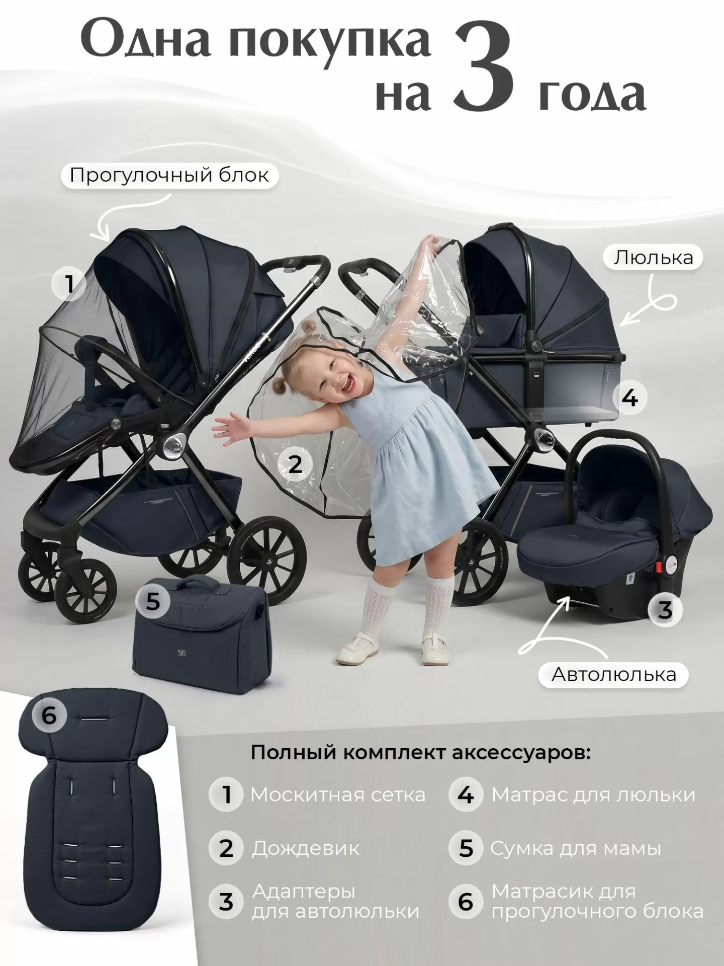 Коляска 3в1 Sweet Baby Verde Blue (Black Glossy)