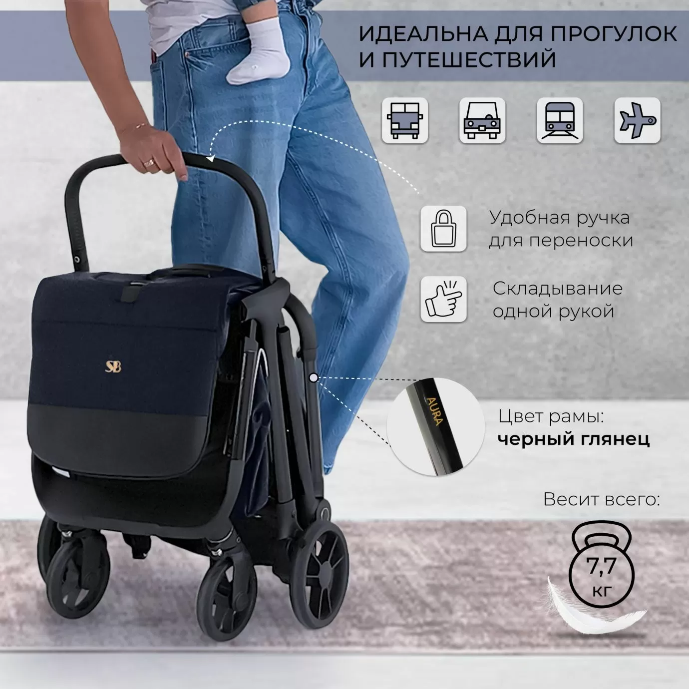 Прогулочная коляска Aura Dark Blue