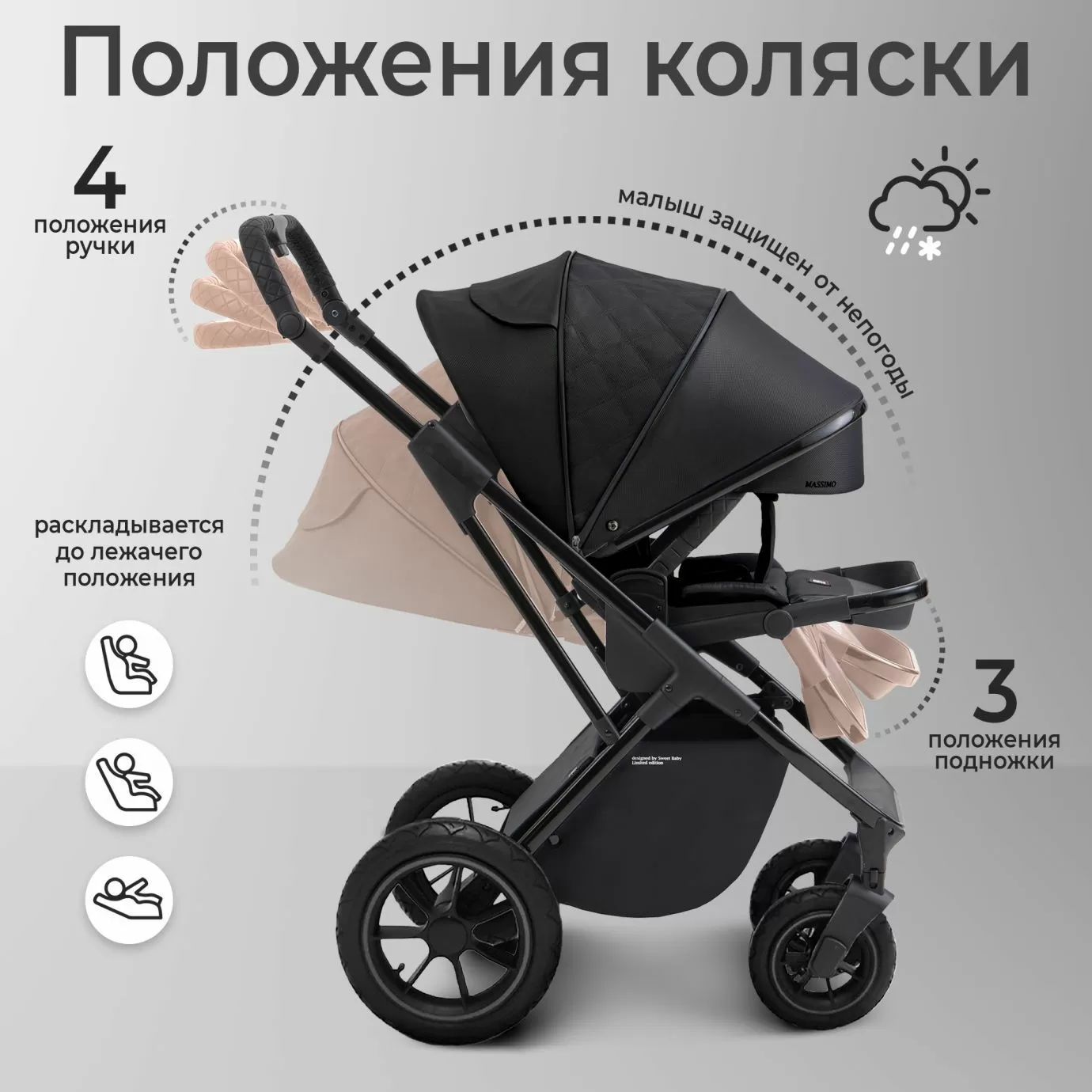 Коляска Sweet Baby Massimo Black (надувные колеса)