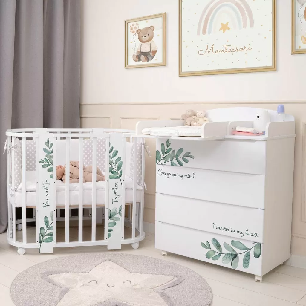 Кровать детская "Indigo "Green Line" 5 в 1 с поперечным маятником листочки