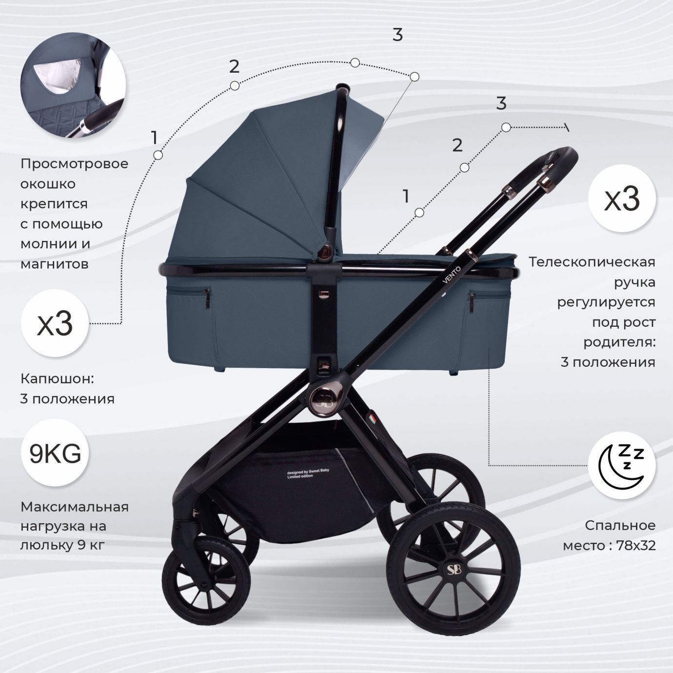 Коляска 2в1 Sweet Baby Vento Blue