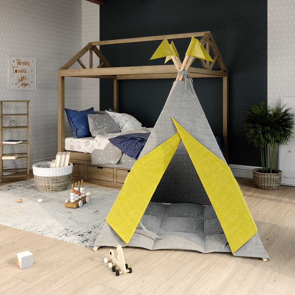 Вигвам для детей из серого льна с контрастными шторками