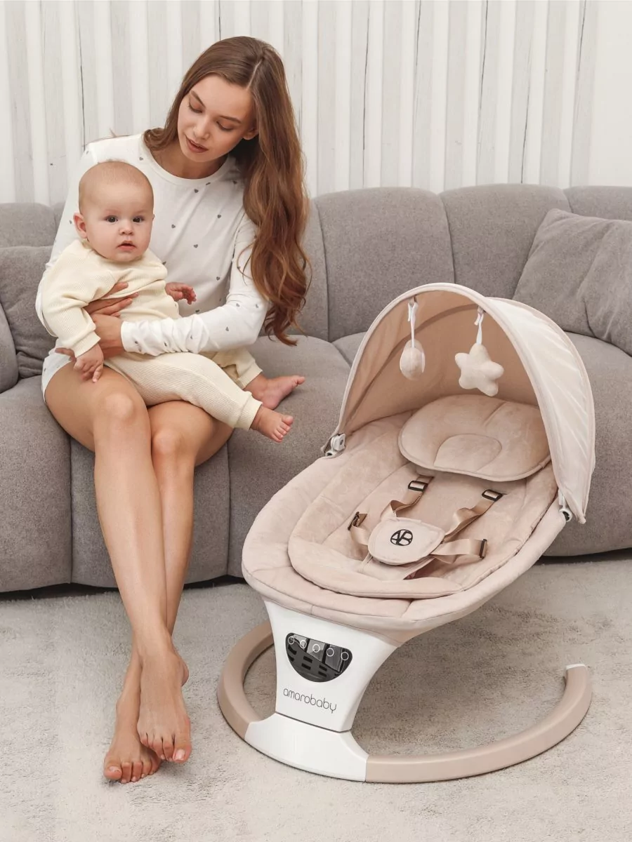 Электронные качели детские Amarobaby Teddy swing, бежевый