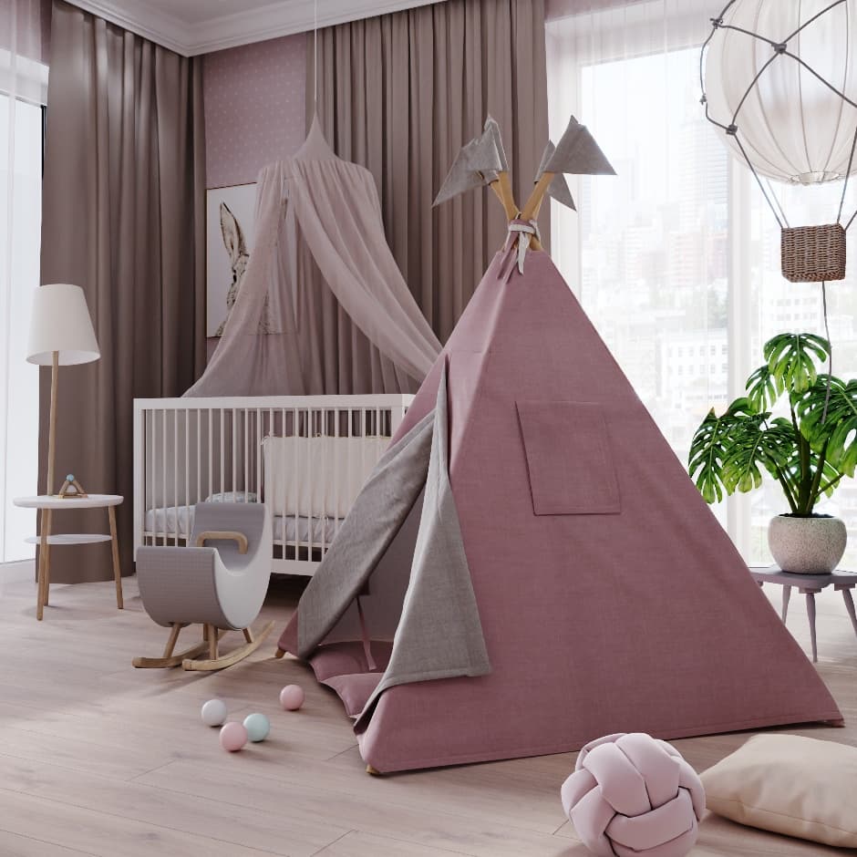 Вигвам для детей из розового льна с контрастными шторками