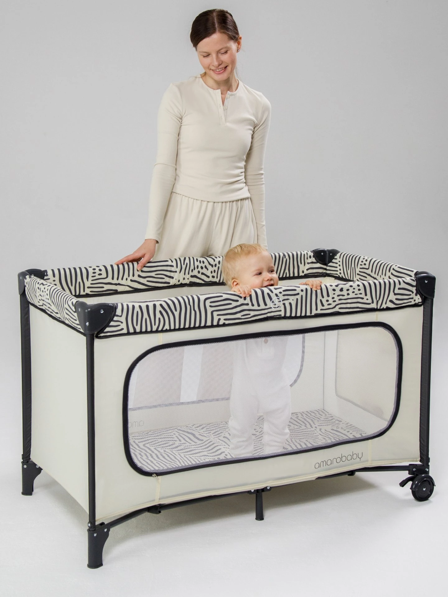 Манеж-кровать SMART, прямоугольный, молочный/графит