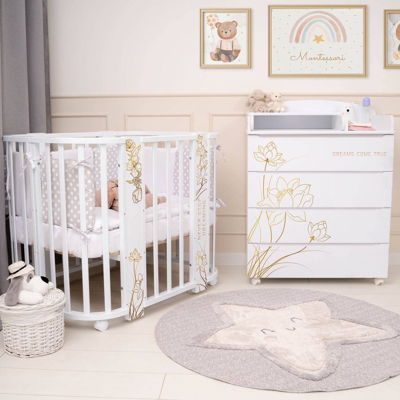 Кровать детская "Indigo "Green Line" 5 в 1 с поперечным маятником цветы