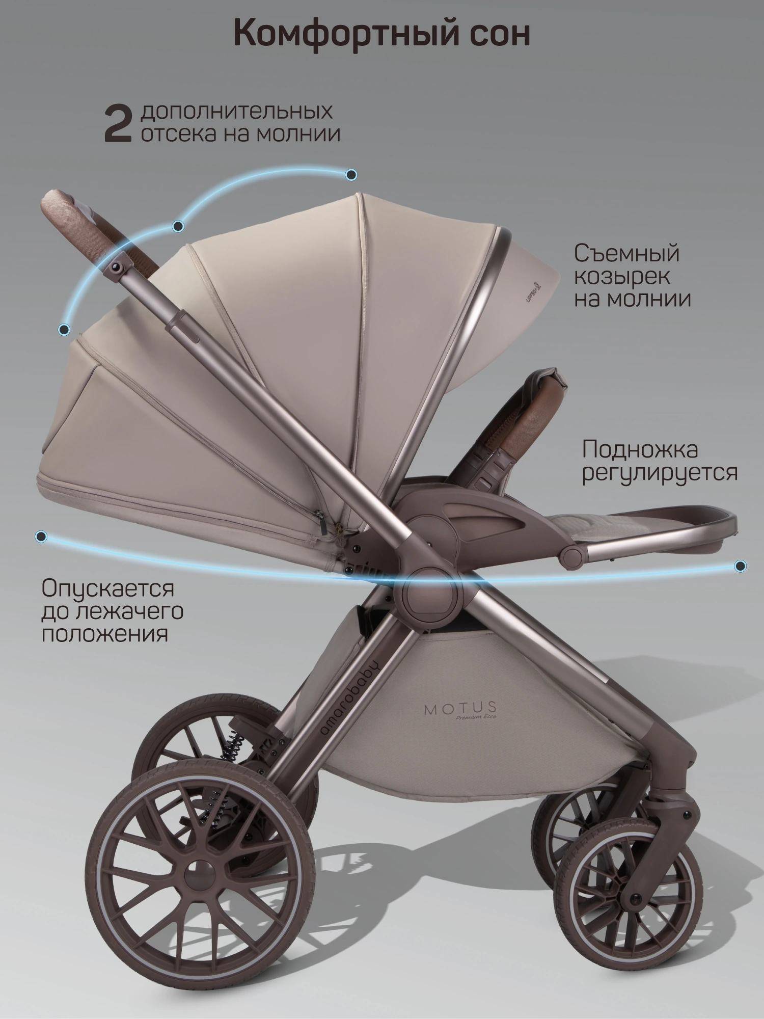 Коляска детская из экокожи 2в1 Motus Premium Ecco Exclusive, мокко