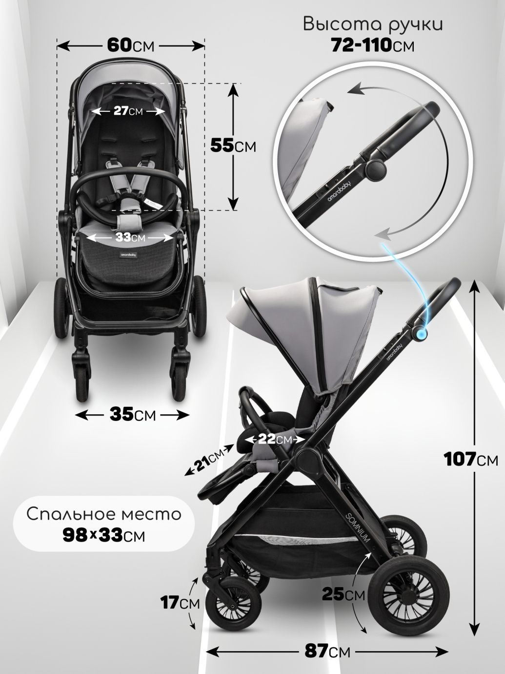 Прогулочная коляска с реверсивным блоком Somnium серый