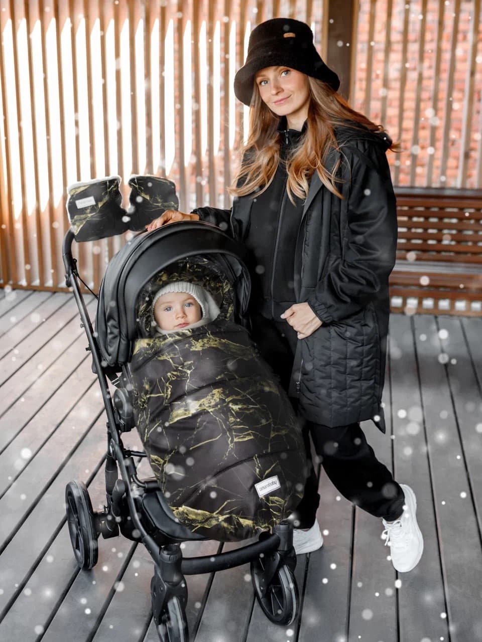 Конверт зимний меховой черный мрамор