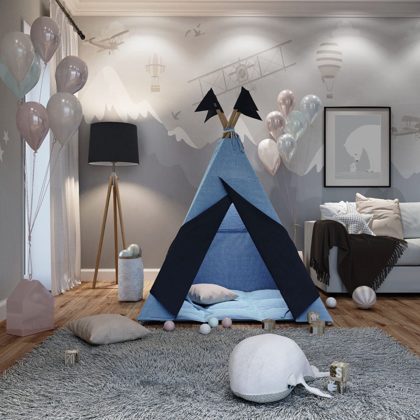 Вигвам для детей из голубого льна с контрастными шторками