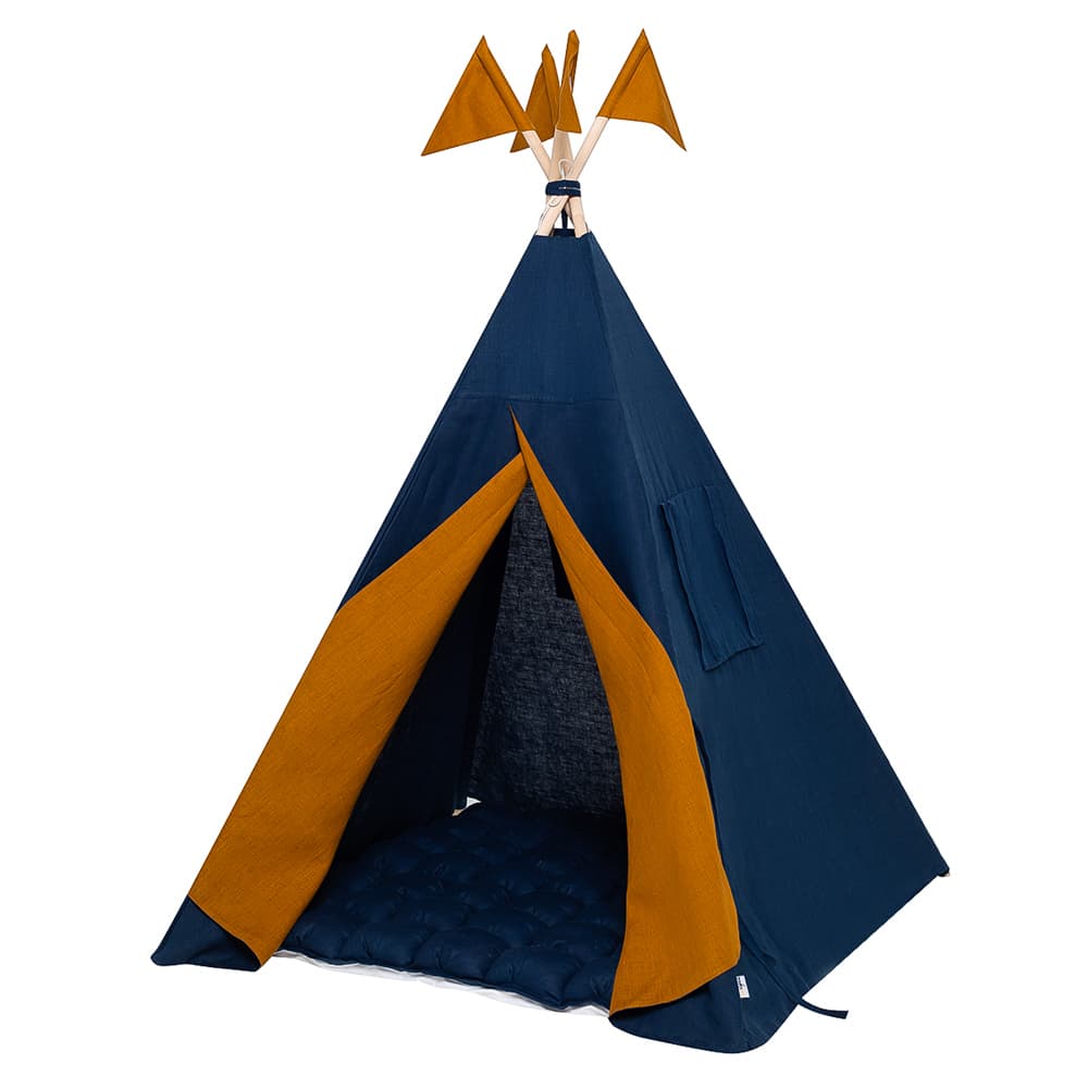 Вигвам для детей из синего льна с контрастными шторками
