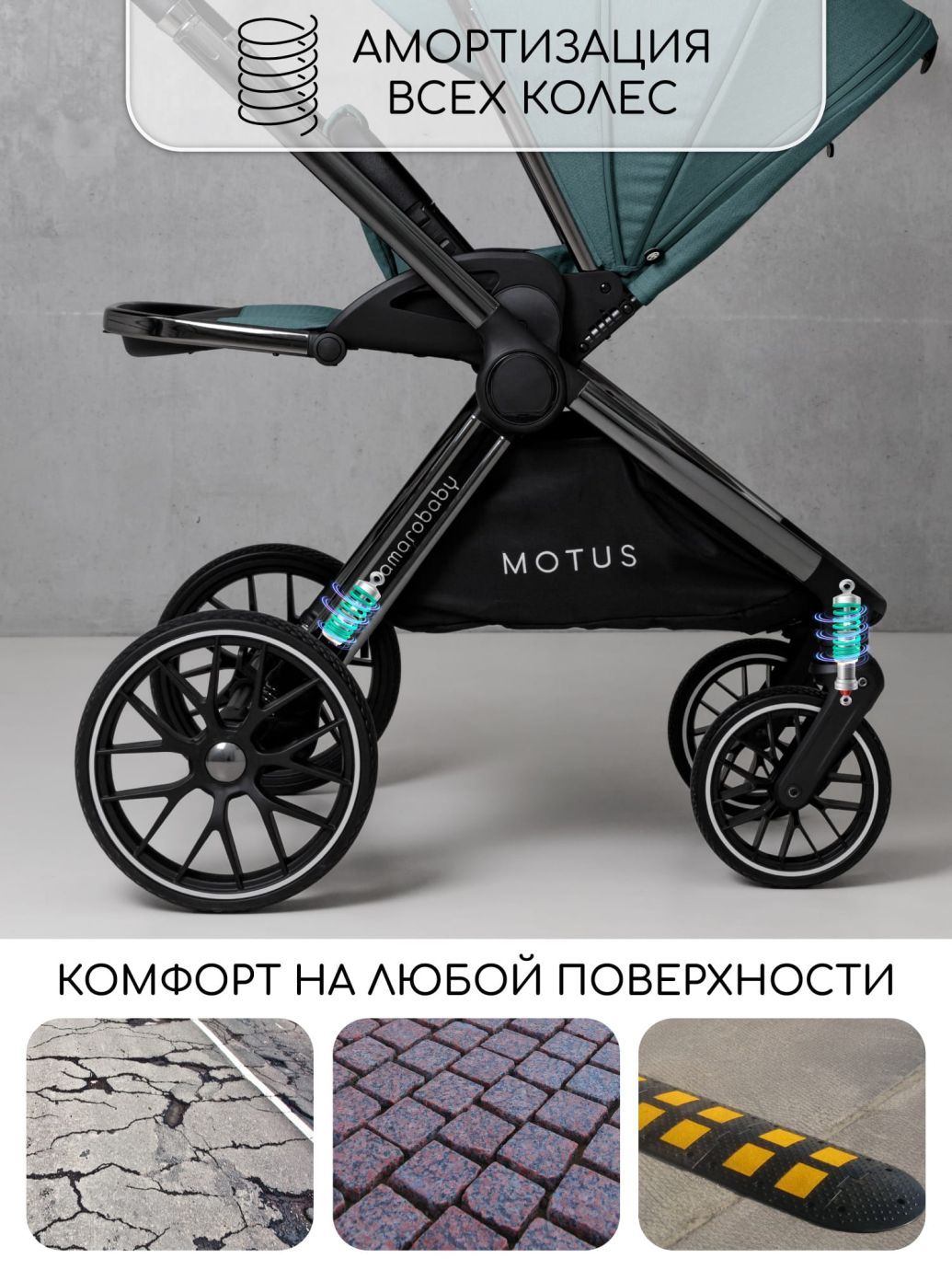 Коляска детская 2 в 1 Amarobaby Motus, бирюзовый