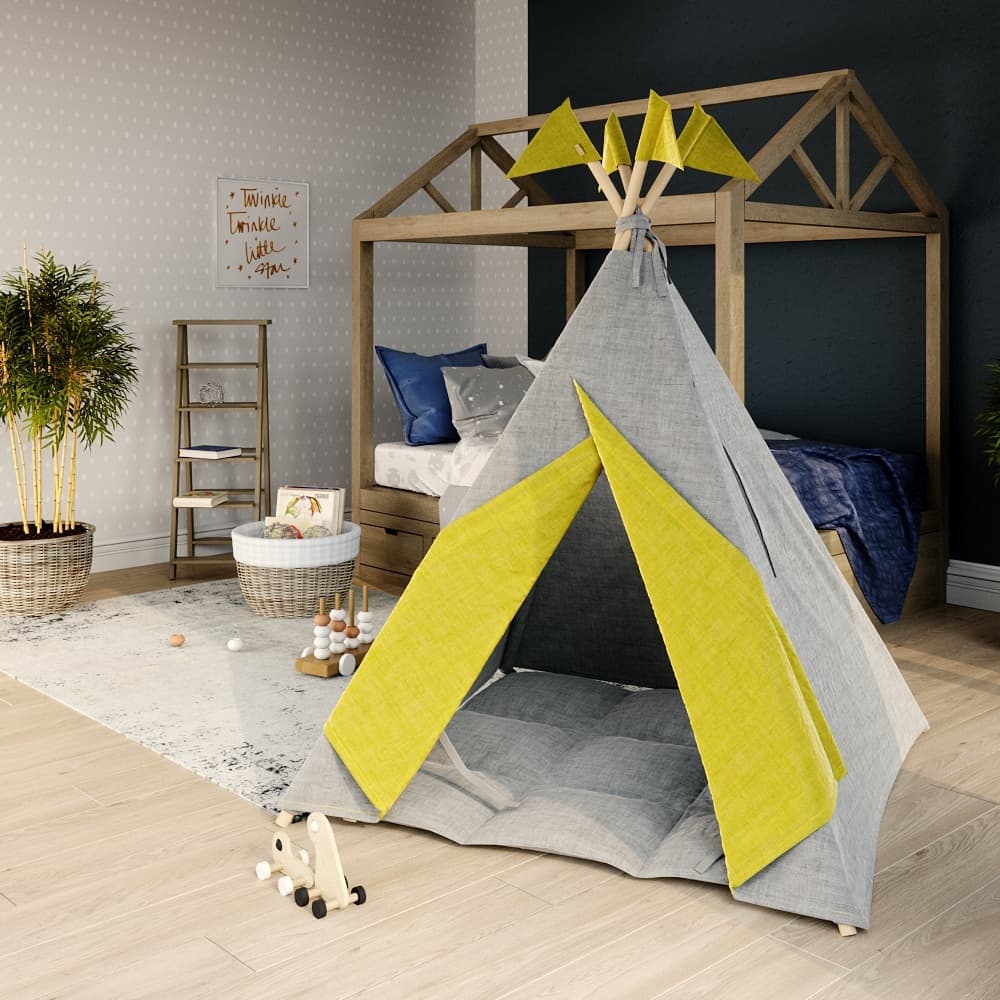 Вигвам для детей из серого льна с контрастными шторками
