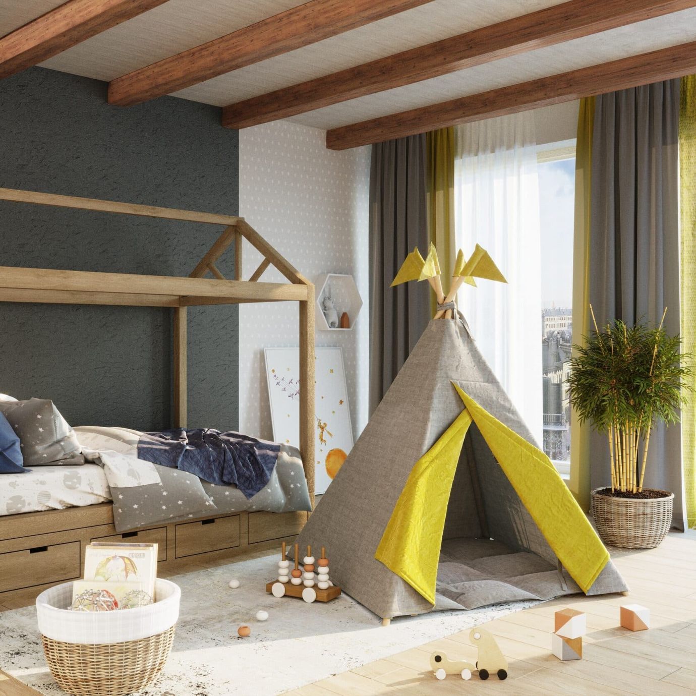 Вигвам для детей из серого льна с контрастными шторками