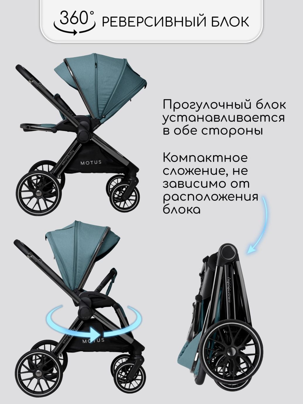 Коляска детская 2 в 1 Amarobaby Motus, бирюзовый