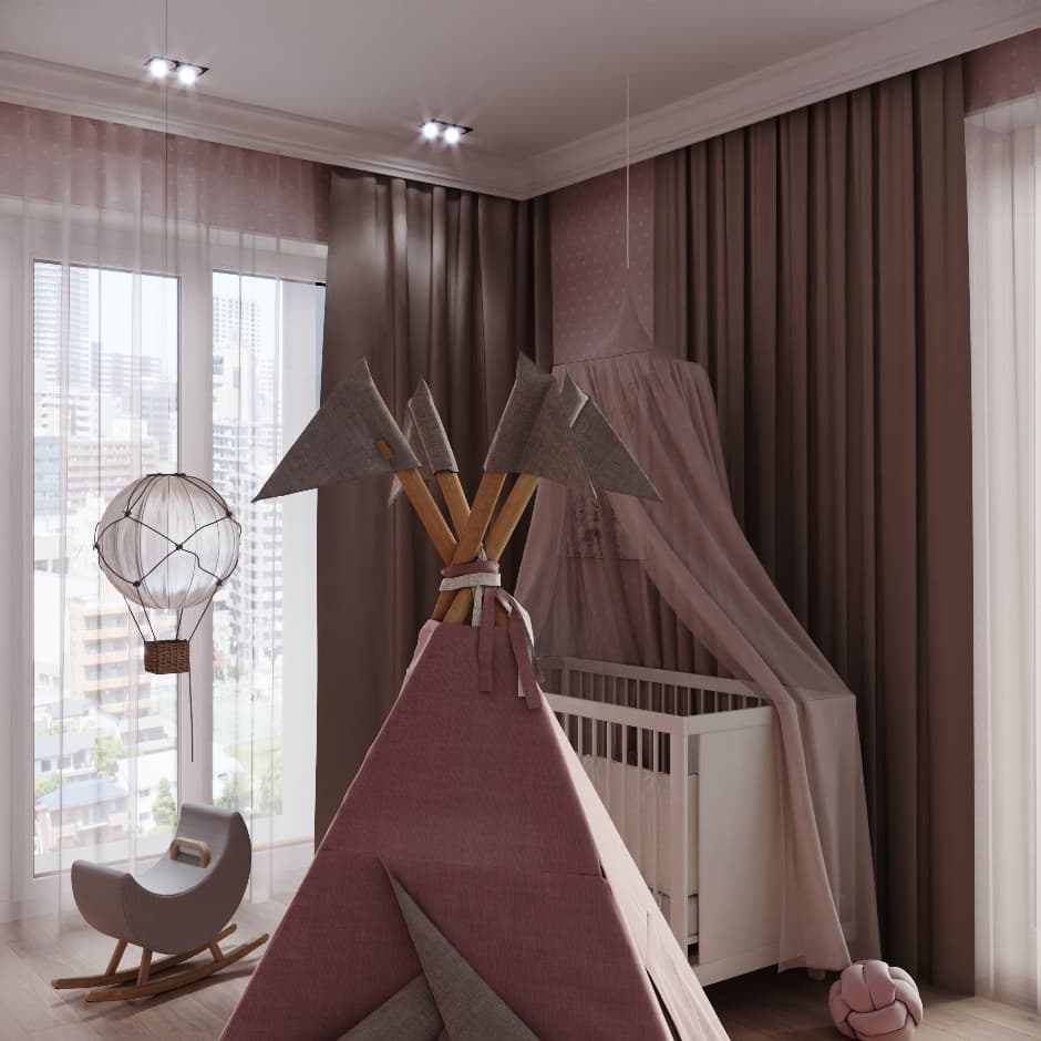 Вигвам для детей из розового льна с контрастными шторками