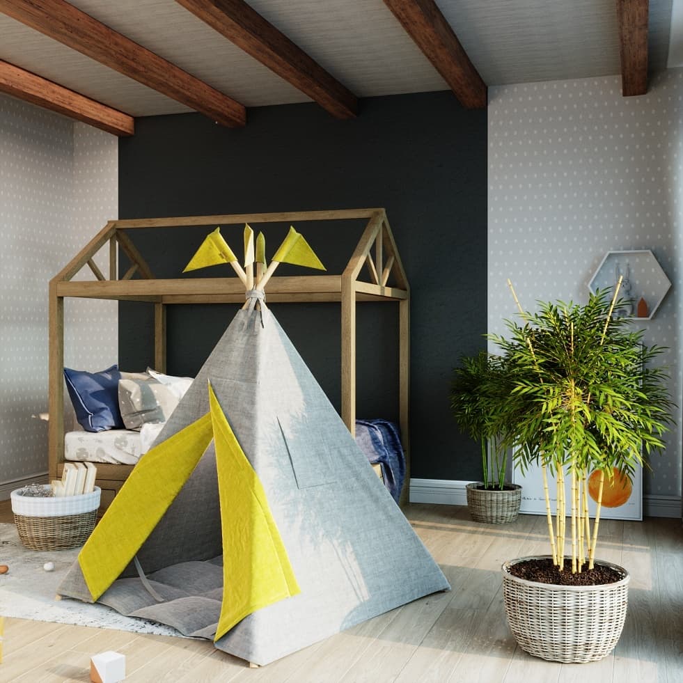 Вигвам для детей из серого льна с контрастными шторками