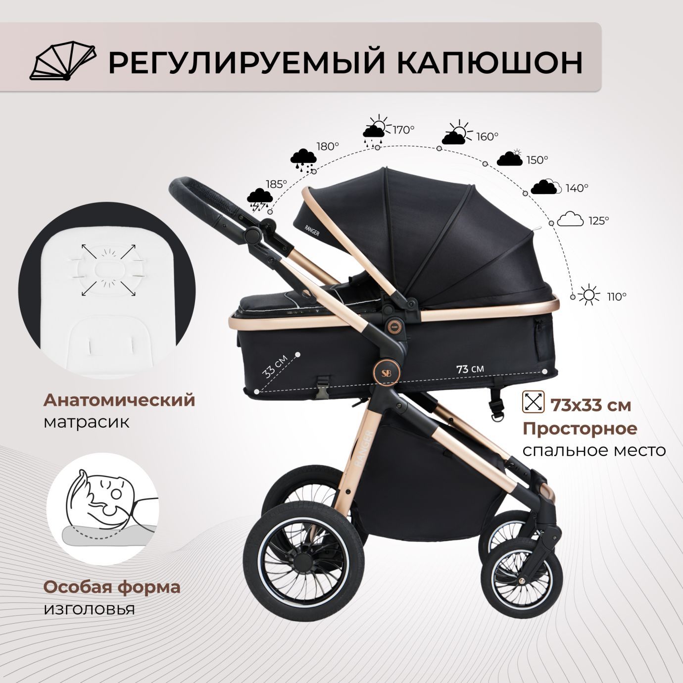 Коляска-трансформер 2в1 Ranger Black Gold