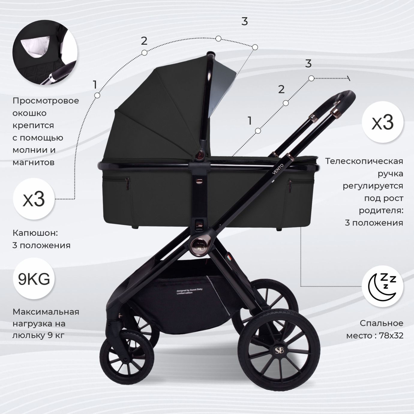 Коляска 2в1 Sweet Baby Vento Black