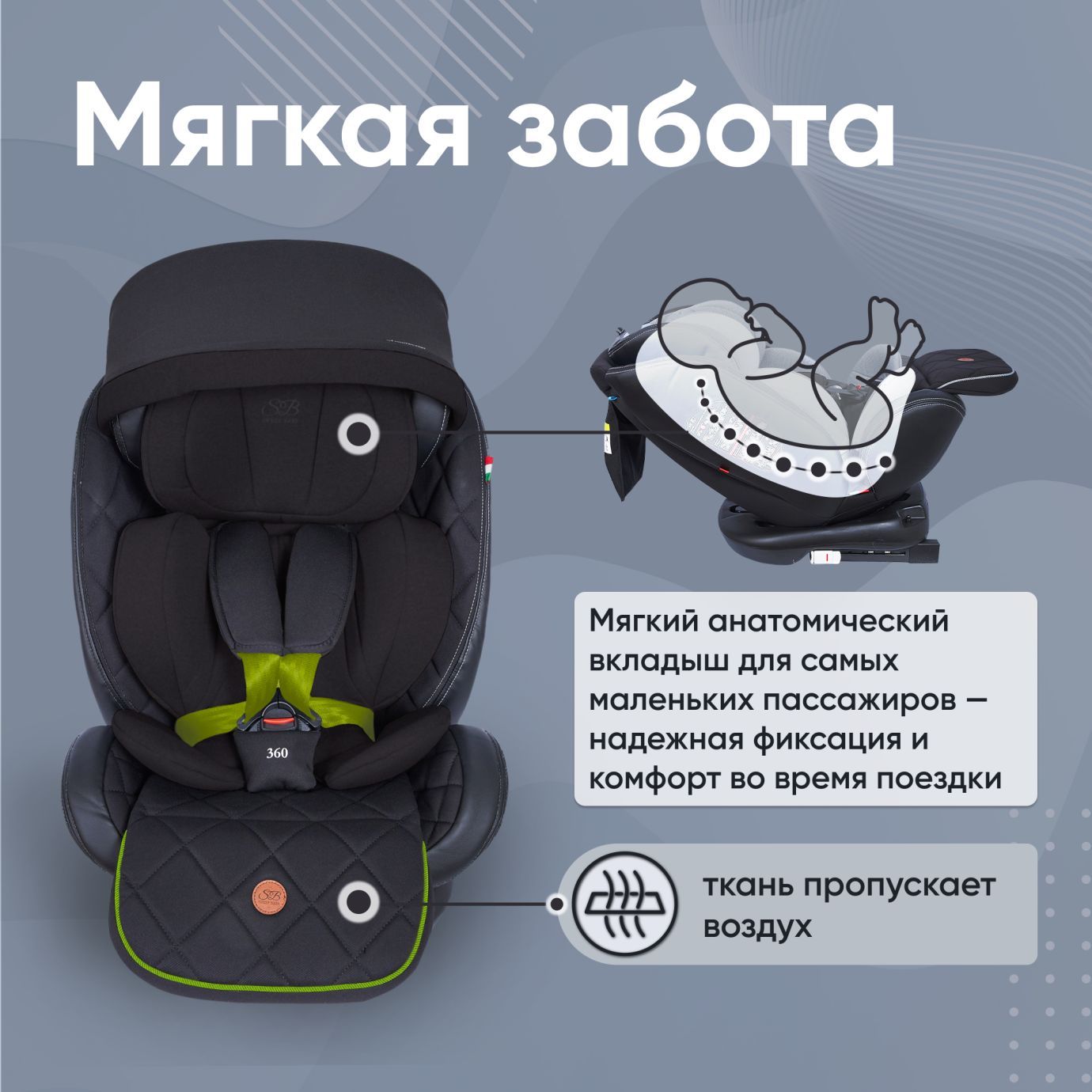 Автокресло поворотное группа 0123 (0-36) Suburban 360 Isofix Black/Green