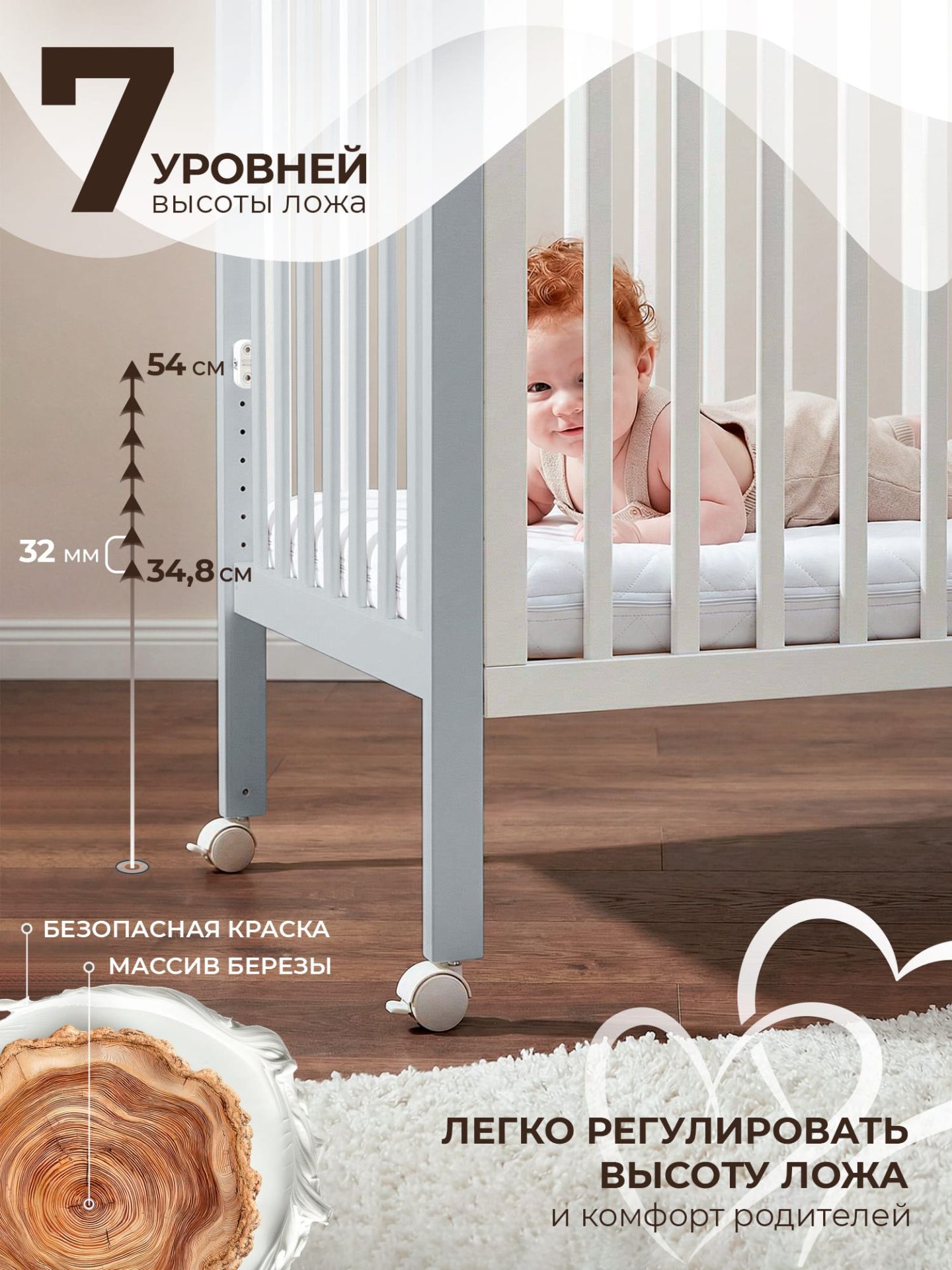 Кровать трансформер 4 в1 Luna с матрасом белая/серая