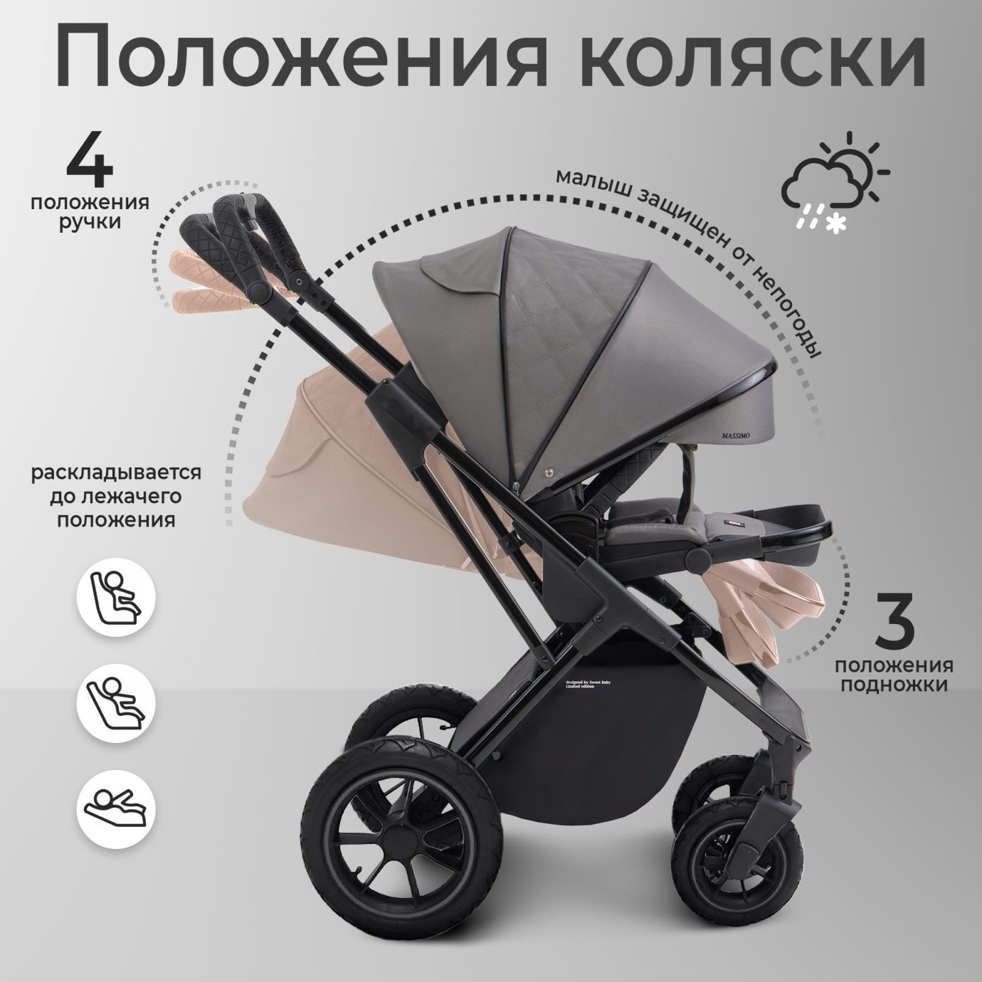 Коляска Sweet Baby Massimo Grey (надувные колеса)