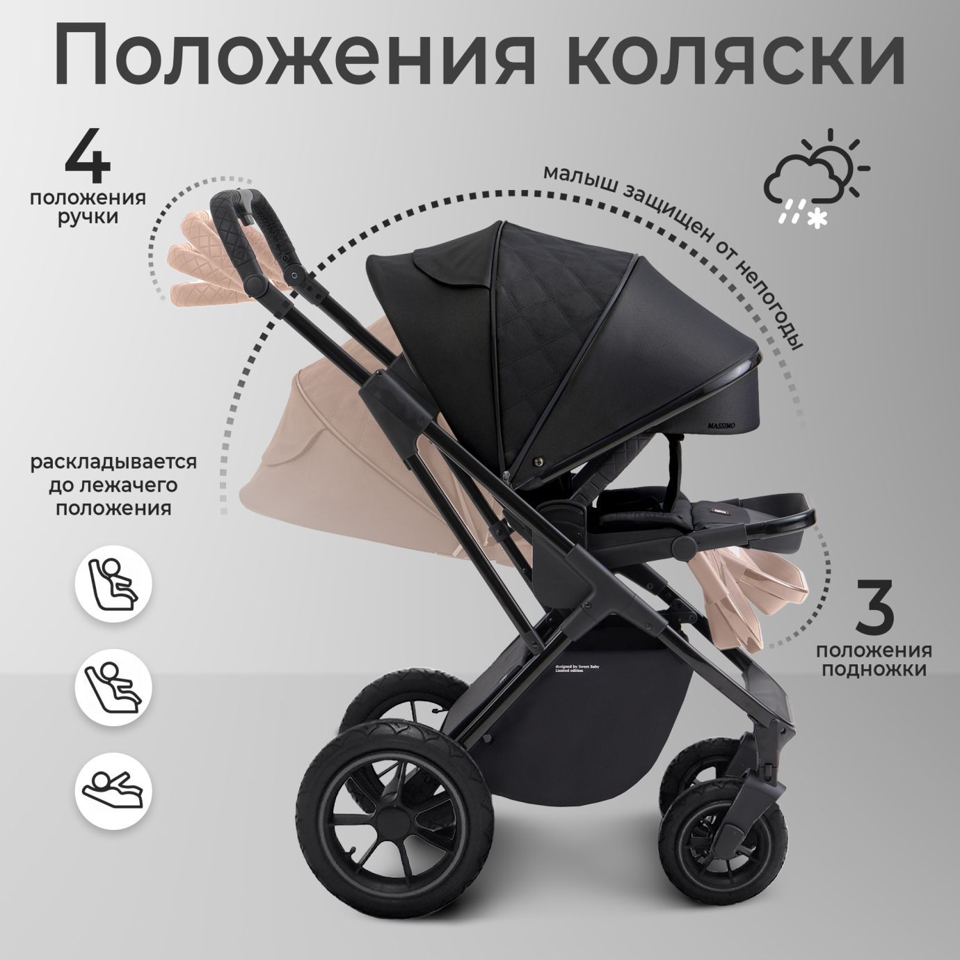 Коляска Sweet Baby Massimo Black (надувные колеса)