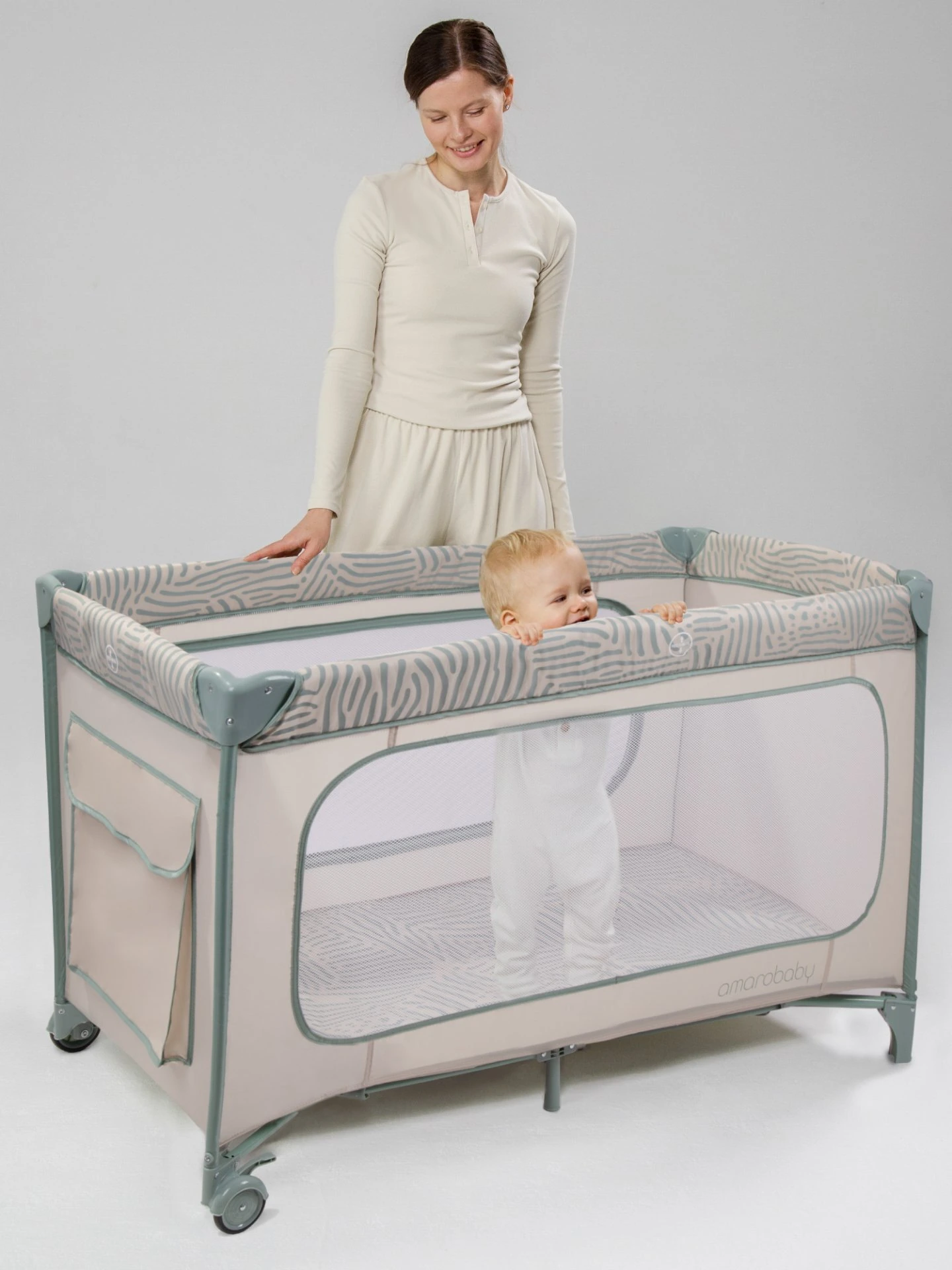 Манеж-кровать SMART, прямоугольный, бежевый/зеленый