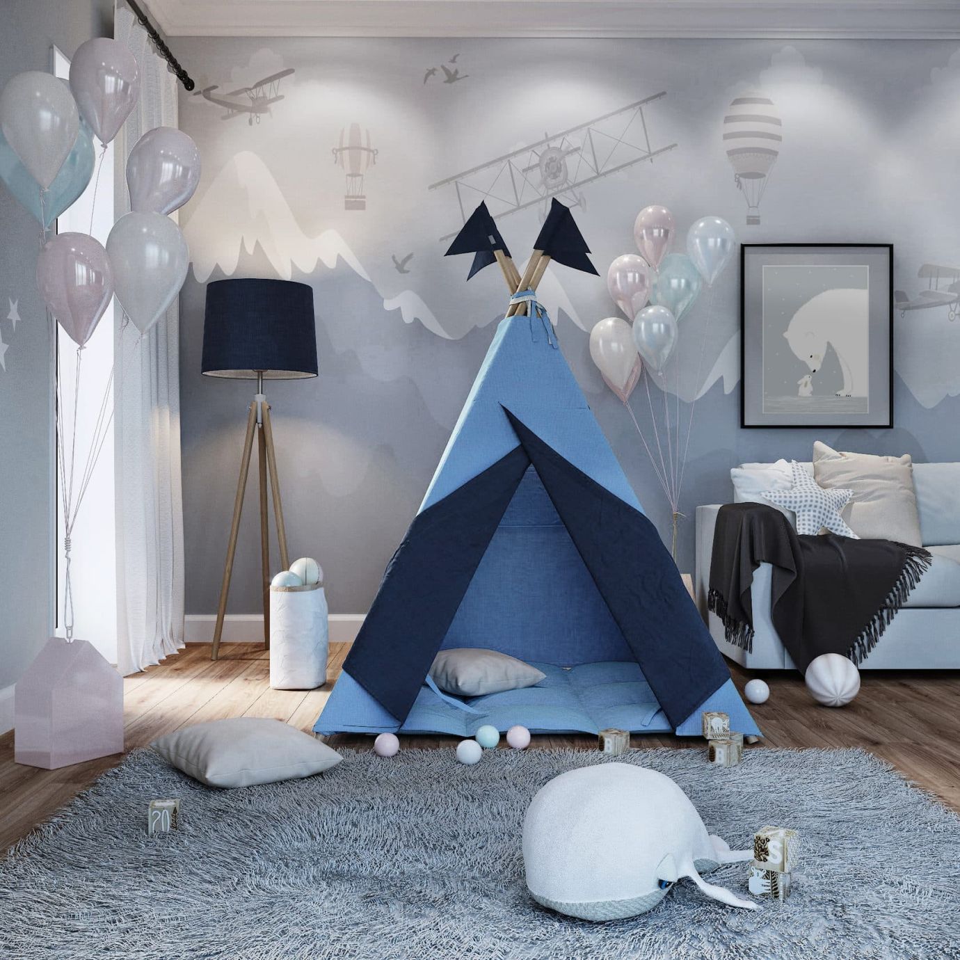 Вигвам для детей из голубого льна с контрастными шторками