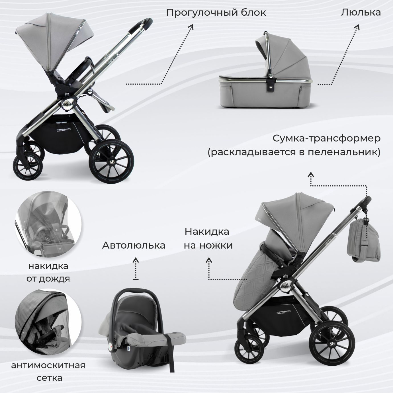 Коляска 3в1 Sweet Baby Vento Silver Grey