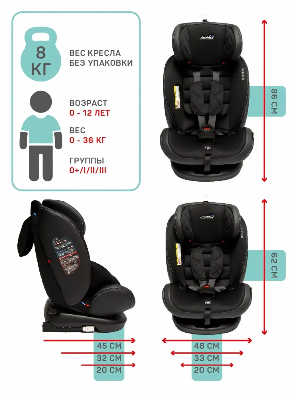 Автокресло детское, Isofix класс D, группа 0+/1/2/3 Бордо