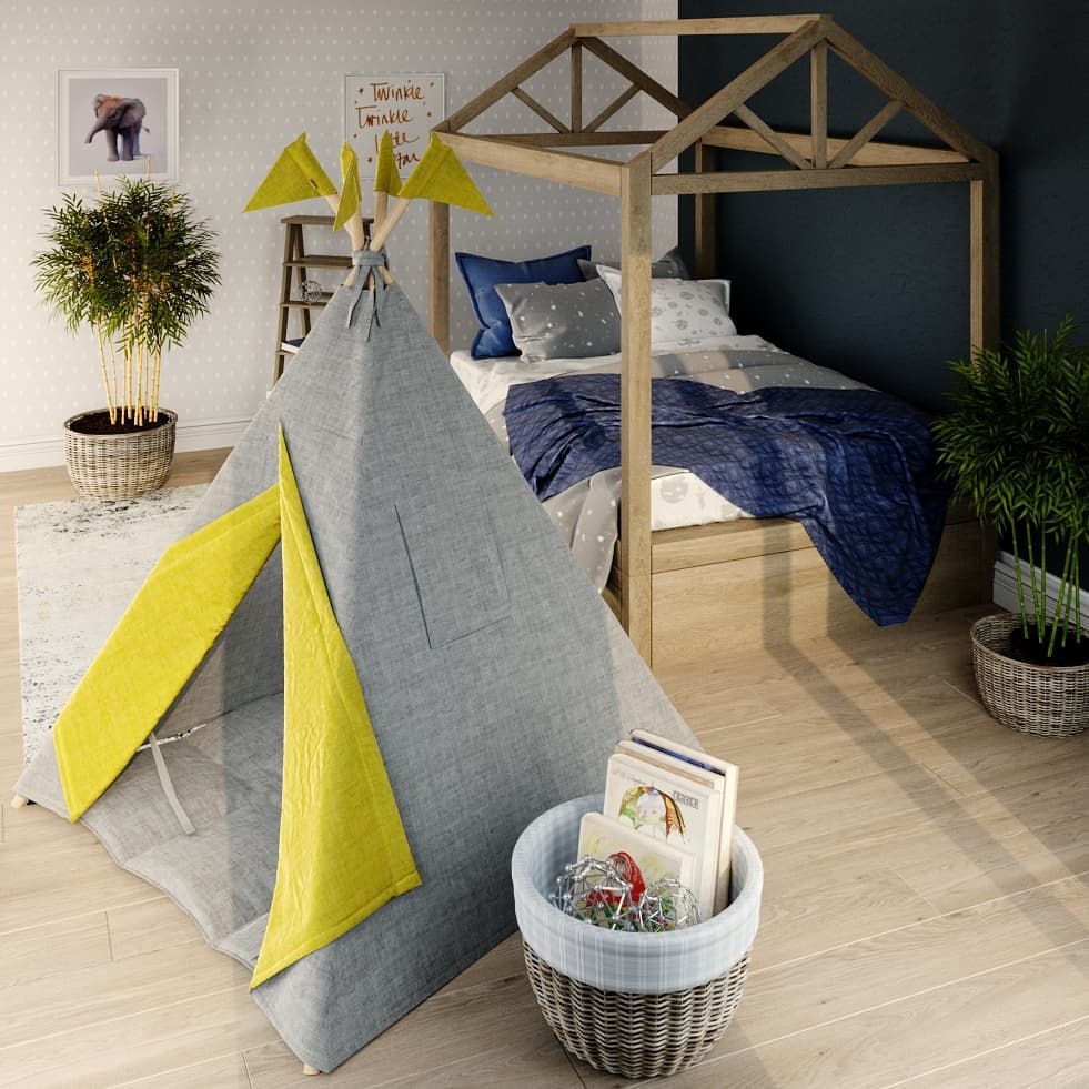 Вигвам для детей из серого льна с контрастными шторками