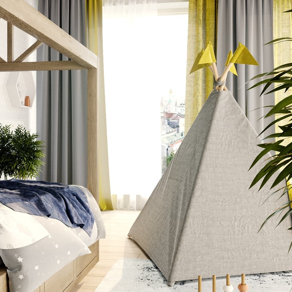 Вигвам для детей из серого льна с контрастными шторками