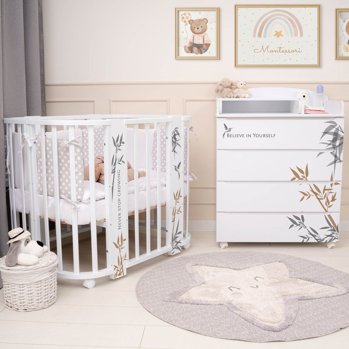 Кровать детская "Indigo "Green Line" 5 в 1 с поперечным маятником бамбук